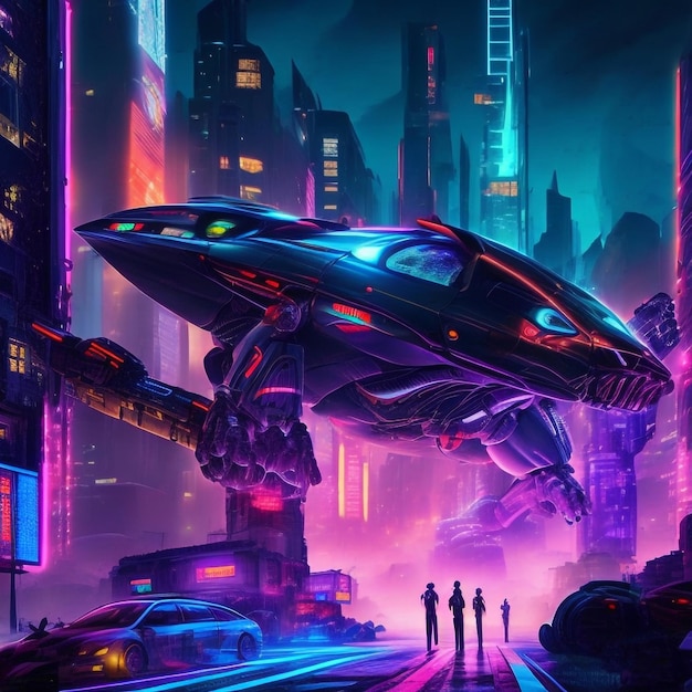 Eine futuristische Cyberpunk-Metropole in der Nacht