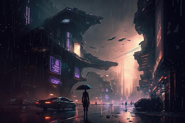 Eine futuristische Cyberpunk-Stadt bei Nacht, in der es vom dunklen Himmel regnet Generative KI