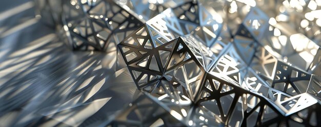 Eine futuristische Darstellung überlappender geometrischer Formen aus metallischen Texturen, die komplizierte Schatten aufeinander werfen