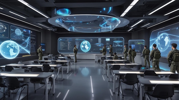 Eine futuristische holografische Präsentation im Armeeklassenzimmer, die virtuell in die Lernerfahrung integriert ist