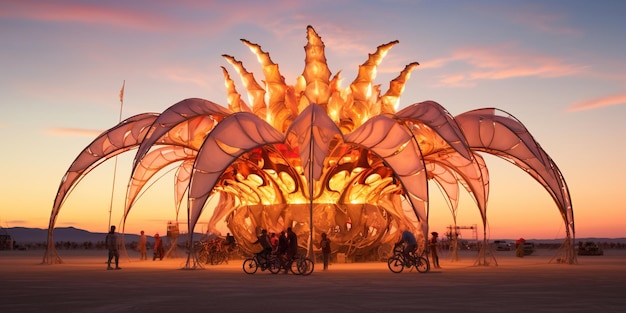 Eine futuristische Installation beim Burning Man Festival ist eine Mischung aus Lichtfarbe und Form und schafft eine fesselnde visuelle Symphonie. KI Generative KI