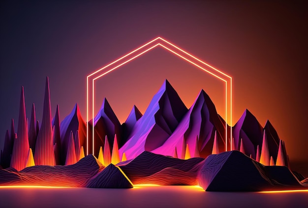 Eine futuristische Landschaft mit Lowpolygon-Bergen, die von Neonlicht auf einem Gradientenhintergrund beleuchtet werden. Eintauchen in eine surreale digitale virtuelle Cyberwelt, die 3D-Rendering-KI generiert