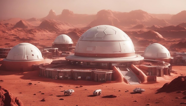 Eine futuristische Mars-Kolonie mit gewölbten Lebensräumen, fortschrittlicher Technologie und einer staubigen roten Landschaft.