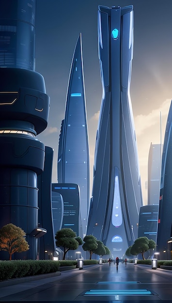 Eine futuristische Metropole mit glänzenden Glasgebäuden und beleuchteten Wegen