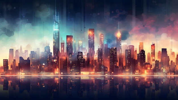 Eine futuristische Nachtstadt in der Ferne, die im Neonlicht leuchtet. Surrealistische Wolkenkratzer. Cyberpunk-immersive Welt des Metaversums 3D-Rendering