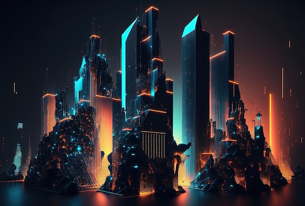 Eine futuristische Nachtstadt in der Ferne, die mit Neonlicht leuchtet Surrealistische Wolkenkratzer Cyberpunk immersive Welt der metaversen 3D-Rendering-KI generiert