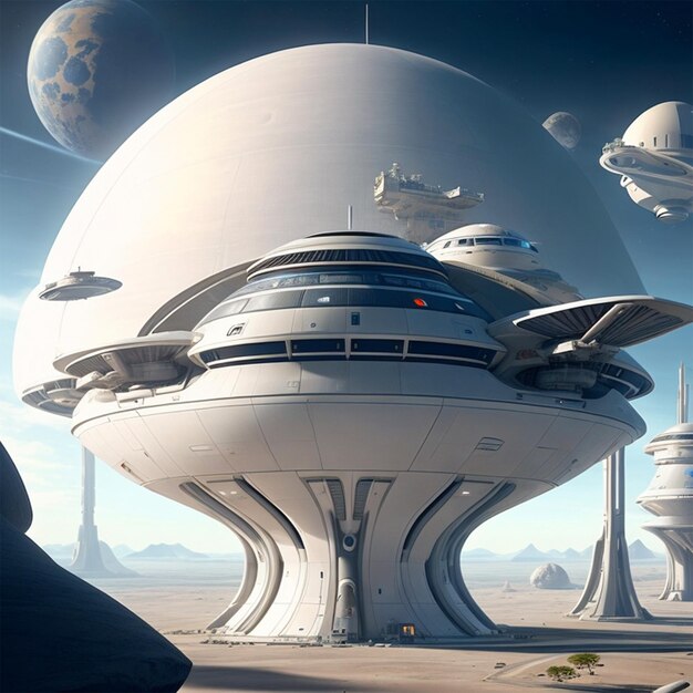 Eine futuristische Raumstation auf einem fernen Planeten mit eleganter Architektur und fortschrittlicher Technologie