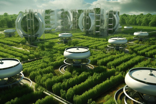 Eine futuristische Stadt hat eine Welt futuristischer Gebäude.