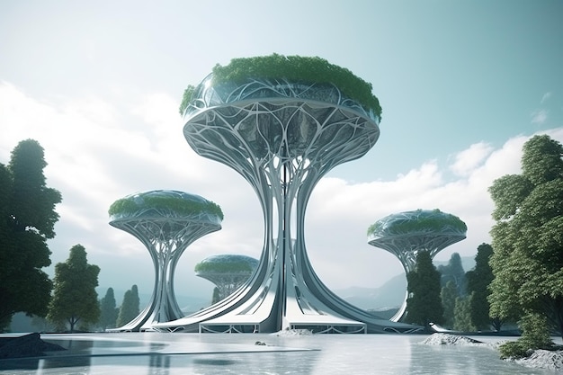 Eine futuristische Stadt mit Bäumen und bewölktem Himmel