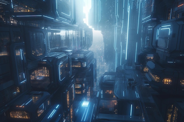 Eine futuristische Stadt mit blauem Licht, das erleuchtet ist.