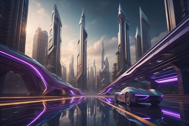 Eine futuristische Stadt mit einem Auto auf der Straße und einer Stadt im Hintergrund.