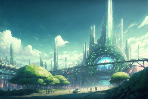 Eine futuristische Stadt mit einem grünen Gebäude und einem blauen Himmel mit Wolken