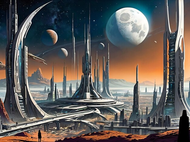 Foto eine futuristische stadt mit einem mond im hintergrund science-fiction-welt-exoplaneten-landschaft