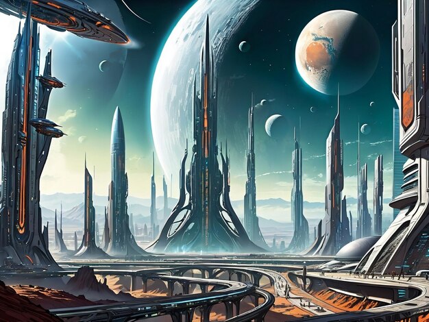 Foto eine futuristische stadt mit einem mond im hintergrund science-fiction-welt-exoplaneten-landschaft