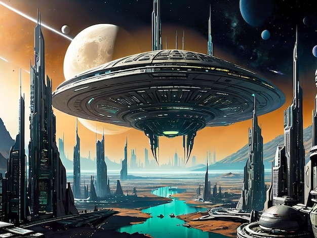 eine futuristische Stadt mit einem Mond im Hintergrund, Science-Fiction-Welt, Exoplanetenlandschaft
