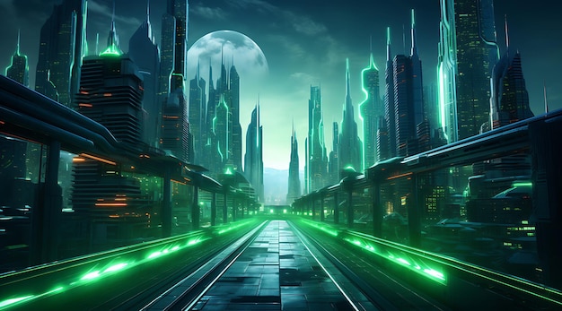eine futuristische Stadt mit einer neon beleuchteten Straße generative ai