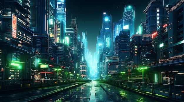 eine futuristische Stadt mit einer neon beleuchteten Straße generative ai