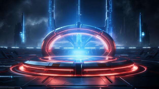 eine futuristische Szene mit rotem und blauem Licht und einem blauen Hintergrund3D-Rendering von scifi stretch ba