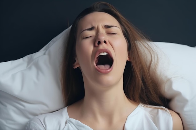 Eine gähnende Frau auf einem Bett mit dunklem Hintergrund