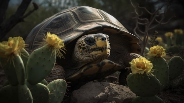 Eine Galapagos-Schildkröte reckt ihren Hals, um sich an einem Kaktus zu erfreuen, dessen robuster Panzer mit der sanften Blüte kontrastiert