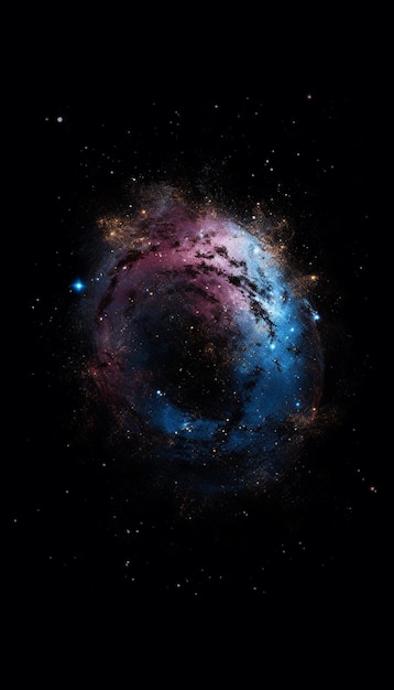 Eine Galaxie in einem Raum mit blauen und rosa Sternen