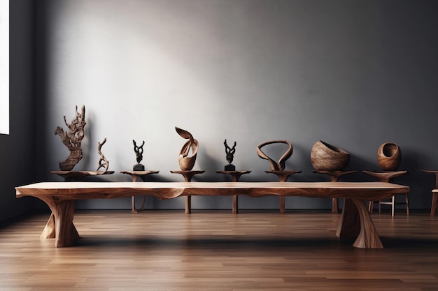Eine Galerie für zeitgenössische Kunst mit einer Holztischausstellung