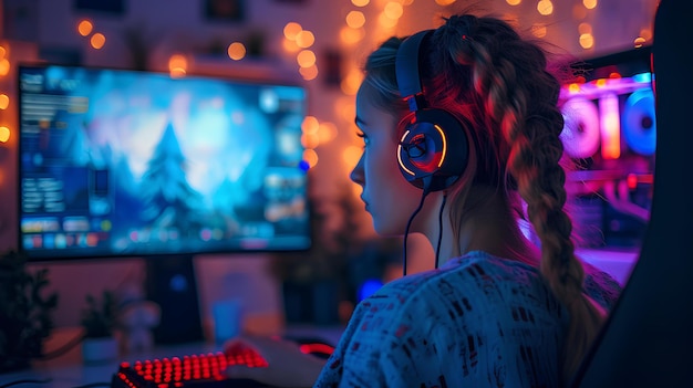 Eine Gamerin, die ein Headset mit Neonlichtern im Gesicht trägt