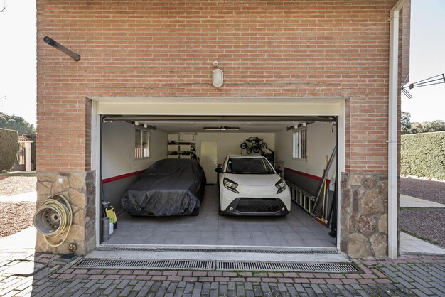 Eine Garage eines Einfamilienhauses mit zwei geparkten Autos