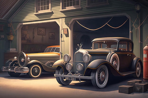 Eine Garage mit Oldtimern und einer Oldtimer-Show, die an die goldenen 20er Jahre erinnert