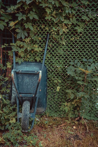 Eine Gartenkarre steht entlang der Wand