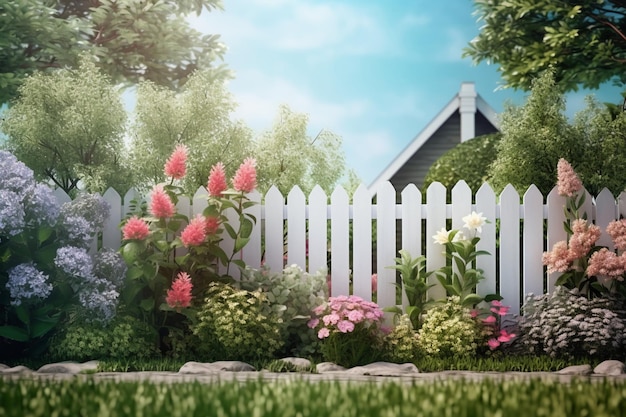 Eine Gartenkulisse mit weißem Zaun