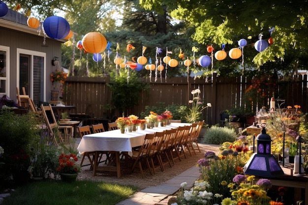 Foto eine gartenparty mit laternen und blumen