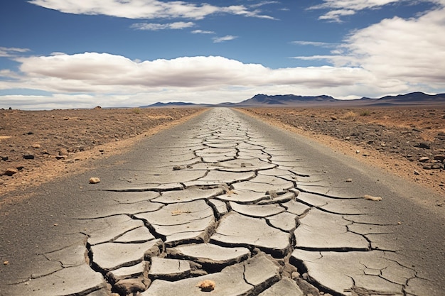 Foto eine gebrochene straße in einer wüstenlandschaft, eine gerade autobahn