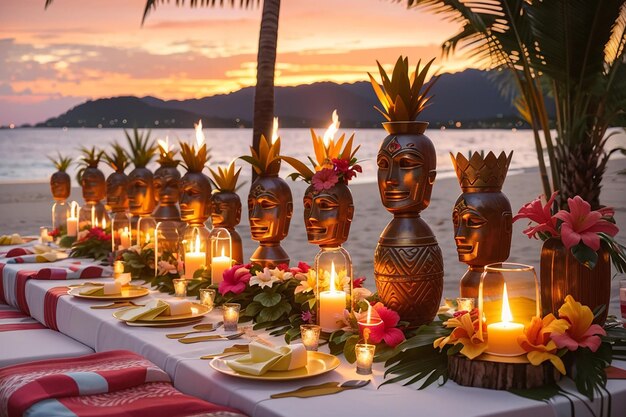 Eine Geburtstagsfeier am tropischen Strand mit Tiki-Fackeln, Lagerfeuer und einem atemberaubenden Sonnenuntergang als Kulisse für eine Nacht voller Feierlichkeiten