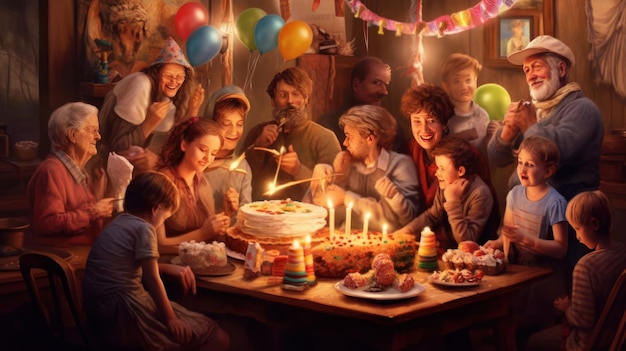 Eine Geburtstagsfeier mit Geburtstagstorte und Luftballons