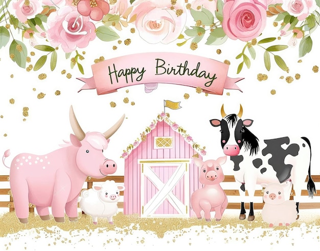 eine Geburtstagskarte mit einer Kuh und einem Banner mit dem Satz glücklicher Geburtstag