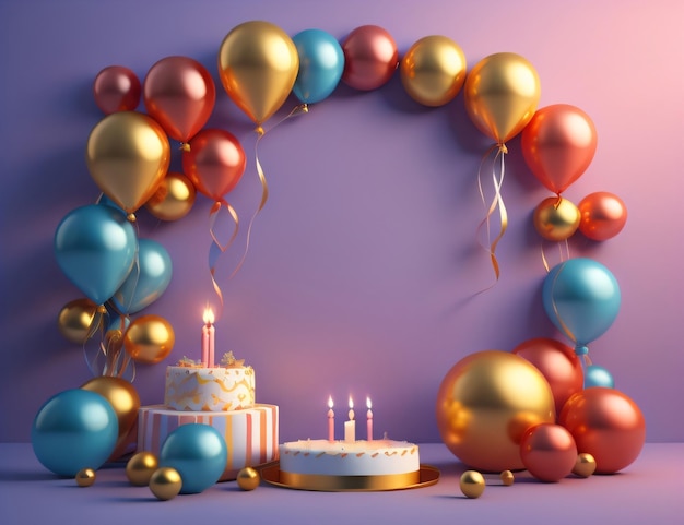 Eine Geburtstagstorte und Luftballons mit einer Torte und eine Torte mit einer Kerze darauf.