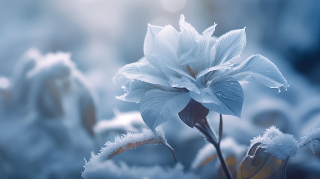 Eine gefrorene Blume, die mit zarten Eiskristallen bedeckt ist