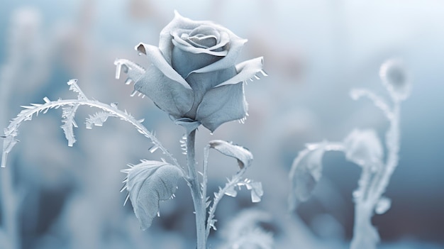 Eine gefrorene Blume, die mit zarten Eiskristallen bedeckt ist