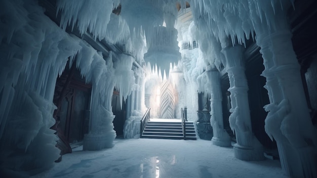 Eine gefrorene Eishöhle mit einer Treppe und mit Eiszapfen bedeckten Treppen
