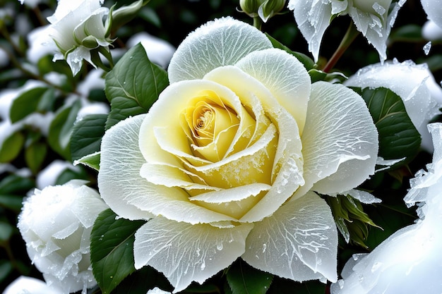 Eine gefrorene gelbe Rose, versteckt im Busch mit Eiskristallen