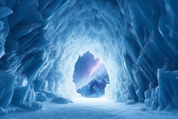eine gefrorene Höhle, aus der ein helles Licht herauskommt