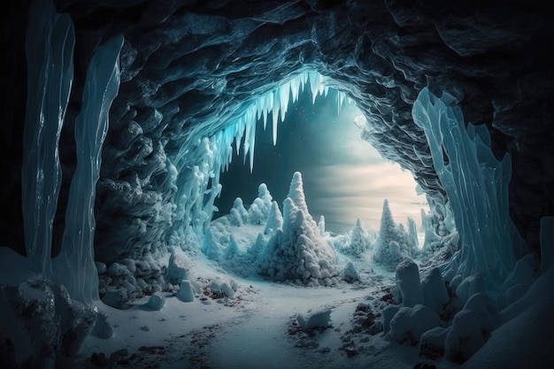 Eine gefrorene Höhle mit Eiszapfen und Stalagmiten, die ein magisches Winterwunderland schaffen, das mit Gen