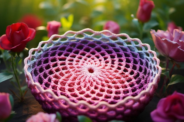 Eine gehäkelte Tüte mit Blumen in Ombre-Pink und Lila, um die Weiblichkeit der Schöpfung zu symbolisieren