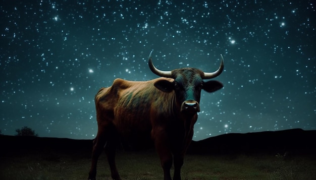 Eine gehörnte Kuh grast auf der Wiese unter einem von KI erzeugten Sternenhimmel