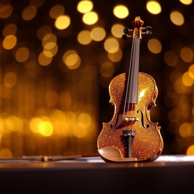 Eine Geige auf einem Tisch mit goldenen Lichtern im Hintergrund