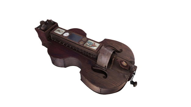 Eine Geige mit einem Holzkasten und einer Uhr darauf.