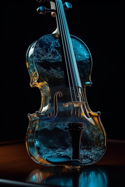 Eine Geige mit einer blauen Glasschale voller Wasser.