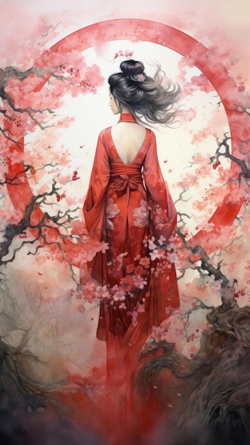 Foto eine geisha, die in einem leuchtend roten kimono geschmückt ist und in den warmen farbtönen eines himmlischen rotverschiebens badet