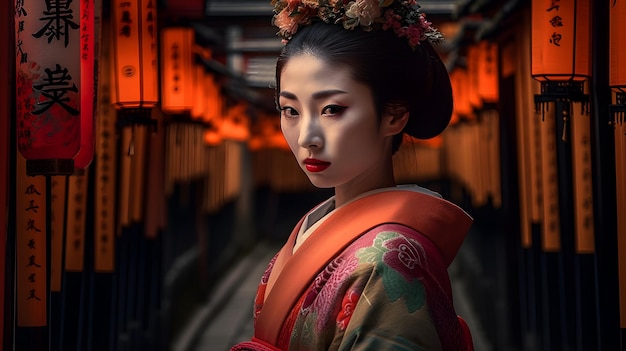 Eine Geisha vor orangefarbenen Toren